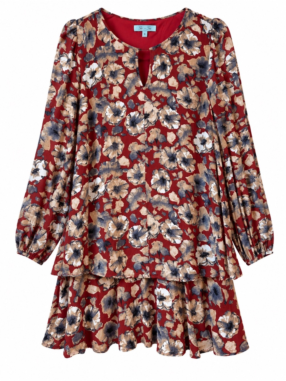 She + Sky Floral Fall Long Sleeve Tiered Mini Dress Burgundy Size S
